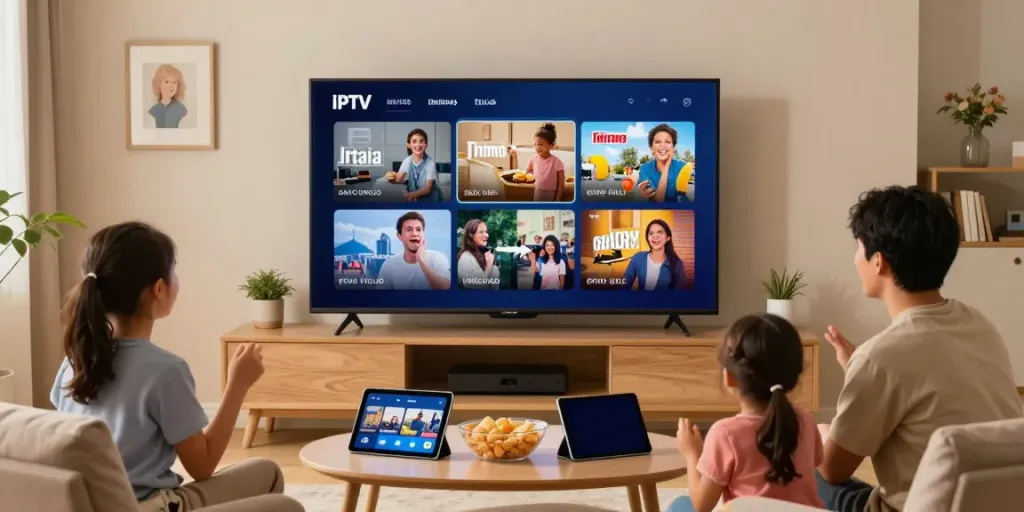 Family enjoying IPTV Italia streaming services on a large smart TV in a cozy living room.