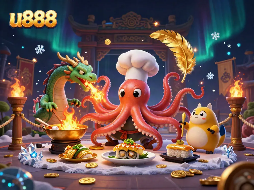 Experience thrilling games at u888 with a vibrant casino scene featuring unique characters preparing delicious dishes.