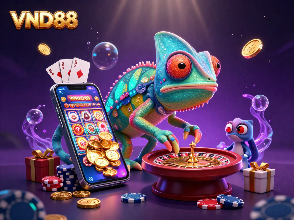 Experience thrilling casino action with VND88, featuring a colorful chameleon owner and engaging slot games.