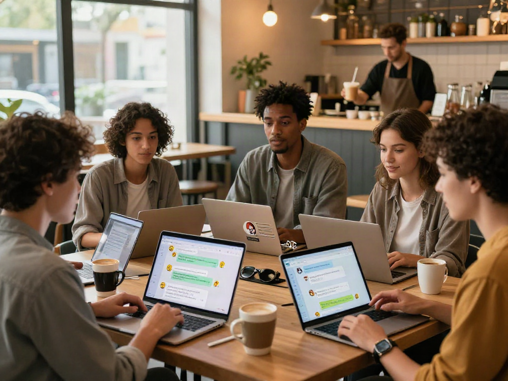 Engaging café scene with diverse individuals discussing ai nsfw chat interactions, showcasing AI chat interfaces on laptops.