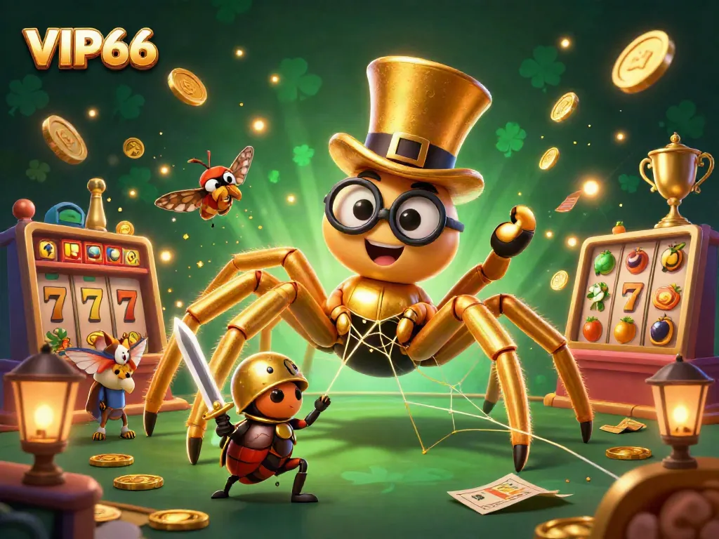 Engage with VIP66's vibrant gaming world as a golden tarantula spins its web amidst slot reels and jackpot treasures.