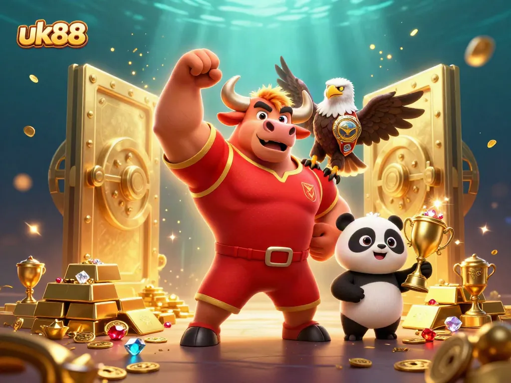 Win big with uk88: Celebrate victory at the casino with gold treasures and festive characters.