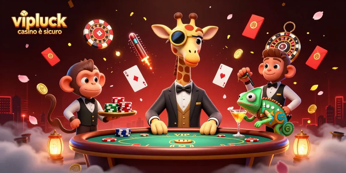 Gioco emozionante di vipluck casino è sicuro con giraffa in tuxedo al poker e valet scimmia