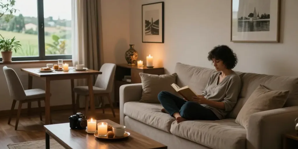 Intimate living room in a discreet apartment, showcasing privacy and comfort in דירות דיסקרטיות בצפון.