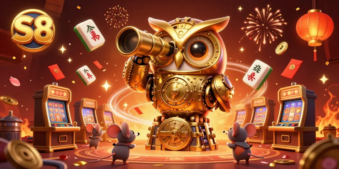 S8 entertains with a vibrant 3D casino scene featuring a golden owl and slot machines.