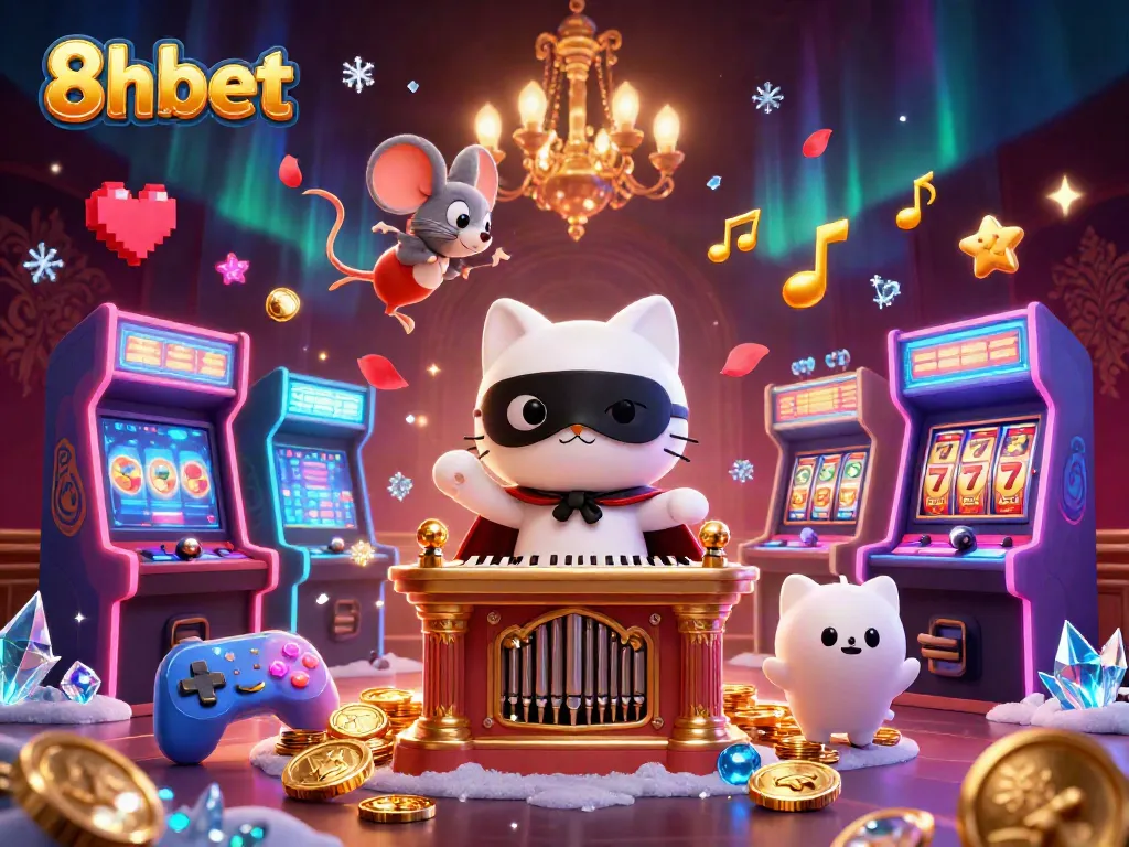 Experience 8xbet's thrilling atmosphere with a vibrant casino scene featuring classic gaming elements.