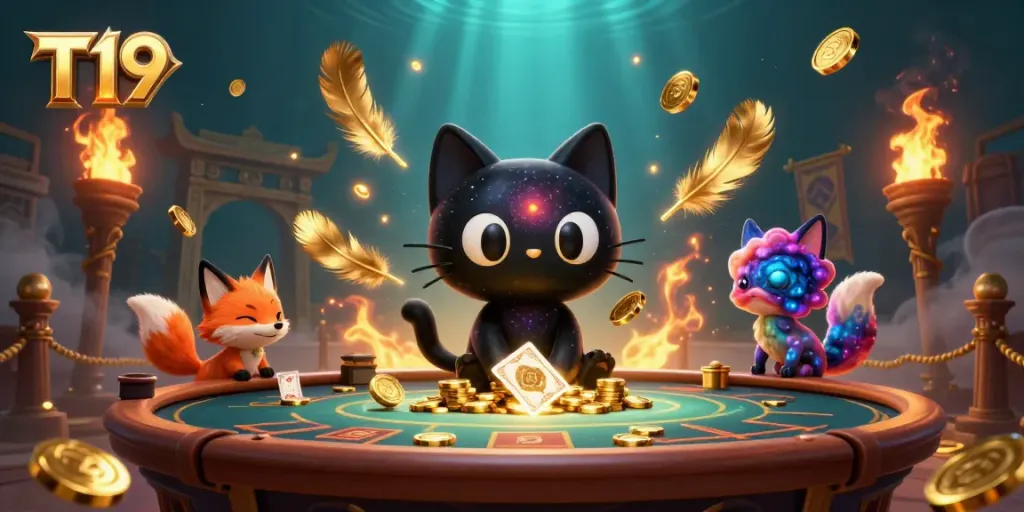 T19 engages players at a cosmic casino table, surrounded by vibrant gaming elements.