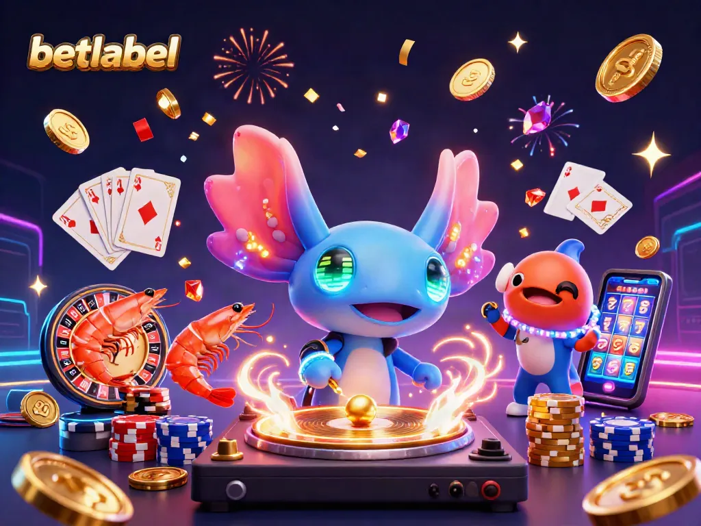Experience the vibrant energy of betlabel with neon axolotl DJ, gold coins, and casino games!