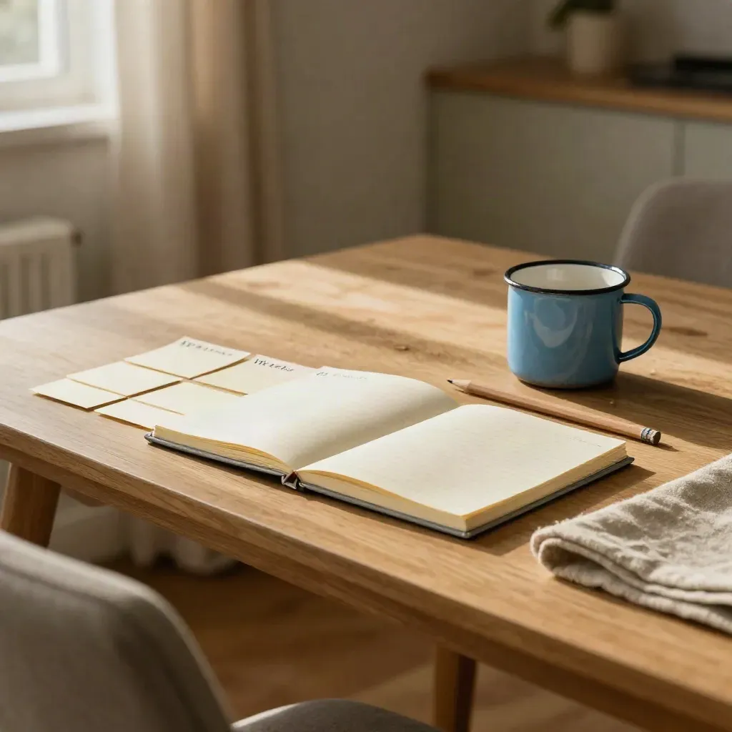 Tavolo del soggiorno con quaderno chiuso, sette memo girati, matita e tazza smaltata vicino alla finestra.