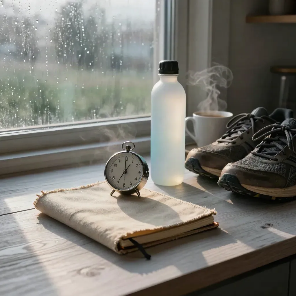 Taccuino, timer, borraccia, scarpe e caffè su tavolo chiaro con luce del mattino
