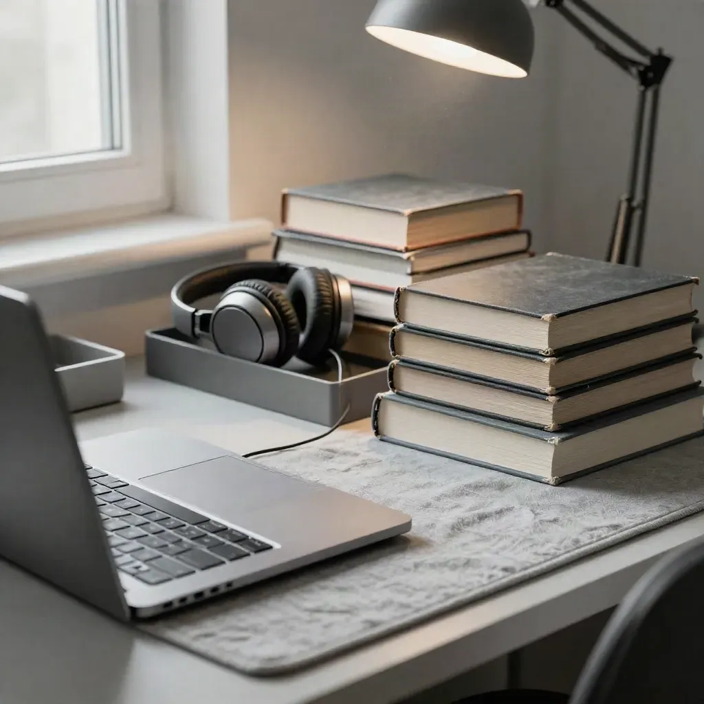Scrivania in camera con laptop chiuso, libri, cuffie e lampada spenta, tutto riordinato