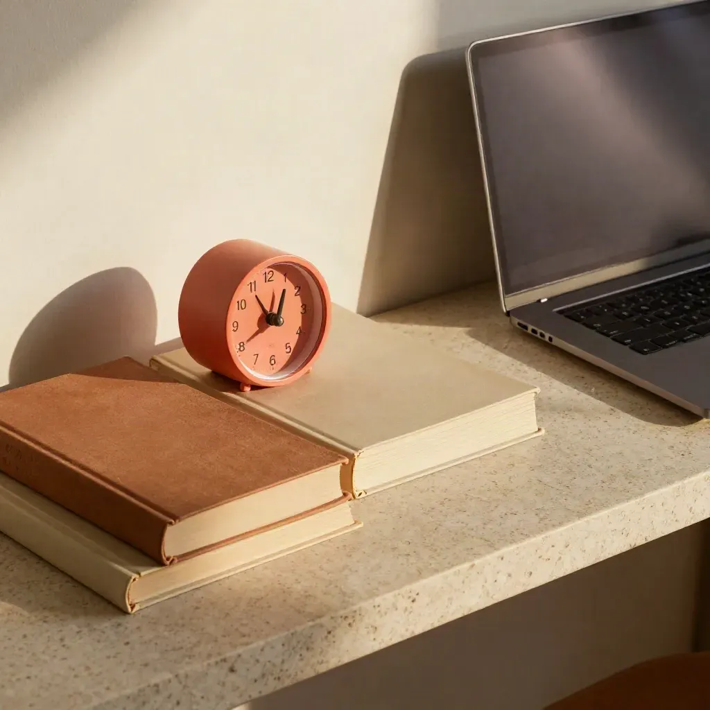 Vista quasi dall’alto di libri chiusi, timer corallo e laptop spento su mensola in travertino.