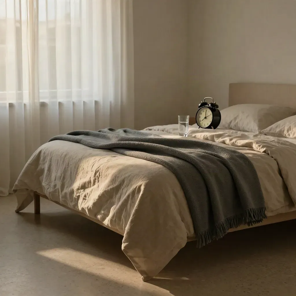 Camera da letto serale con tende leggere, letto sfatto, sveglia analogica e bicchiere d’acqua.