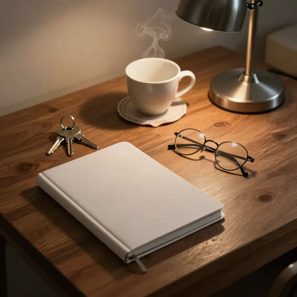 Piccolo tavolo di cucina con quaderno chiuso, chiavi, occhiali, tazza e lampada spenta.