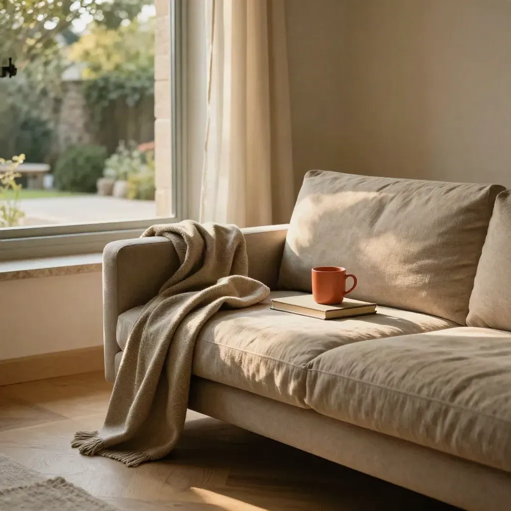 Divano minimal con coperta, tazza e libro chiuso davanti a finestra aperta su un cortile