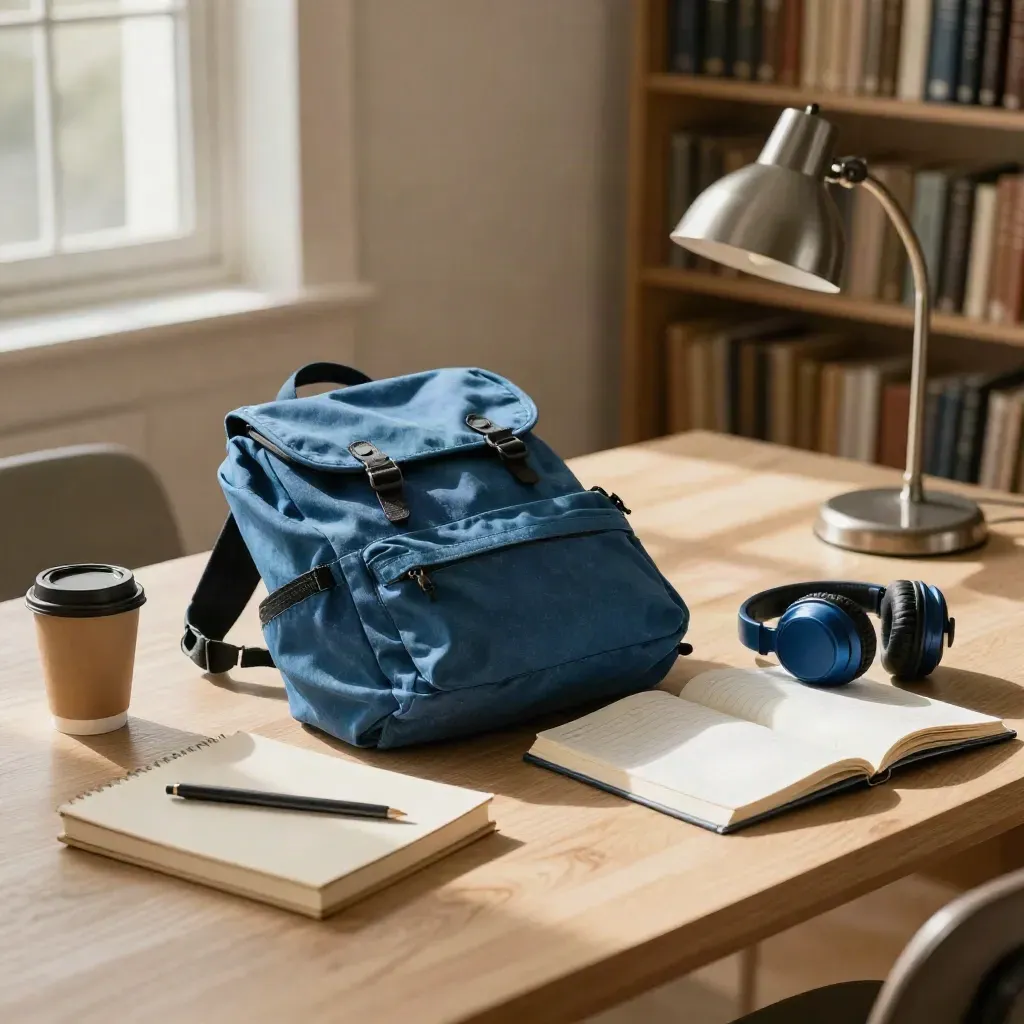 Zaino aperto in biblioteca con quaderni, tazza di carta, cuffie e lampada da tavolo.