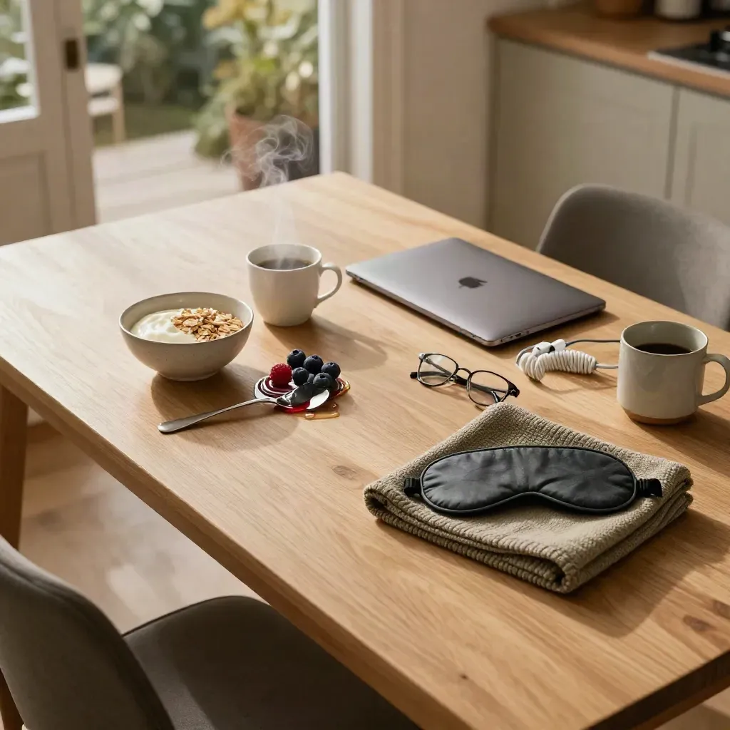 Tavolo della cucina con colazione, studio e riposo in tre gruppi ordinati