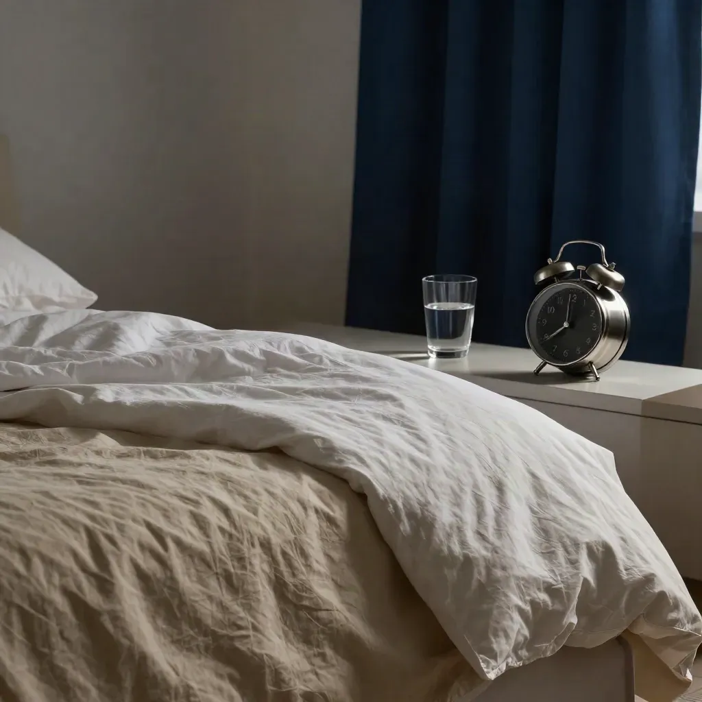 Letto sfatto, tendina blu petrolio, bicchiere d’acqua e sveglia in una stanza notturna