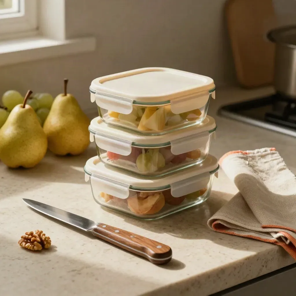 Contenitori pranzo impilati con frutta, coltello da pane, canovaccio e tagliere in luce calda