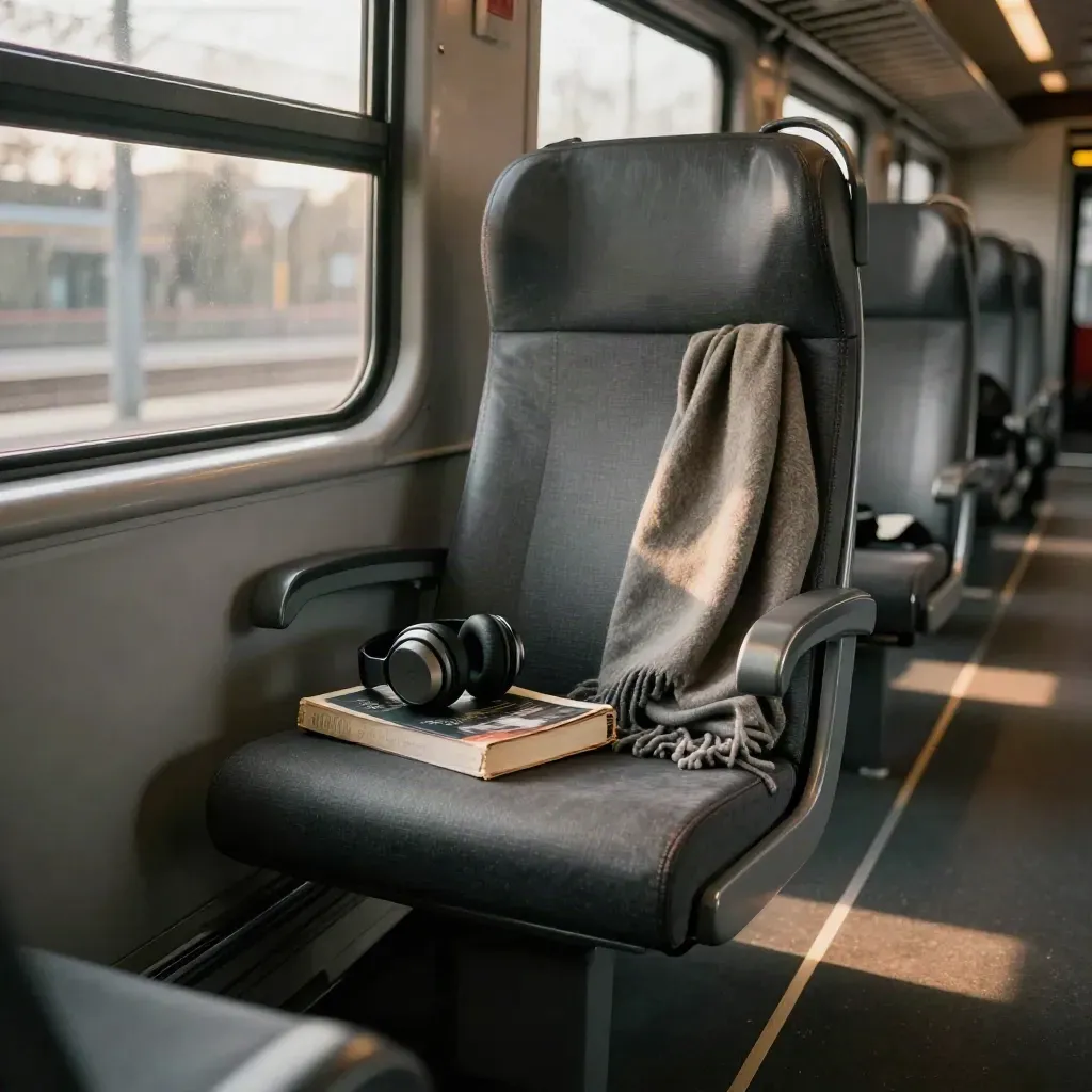 Sedile di treno con sciarpa, libro chiuso e cuffie vicino al finestrino