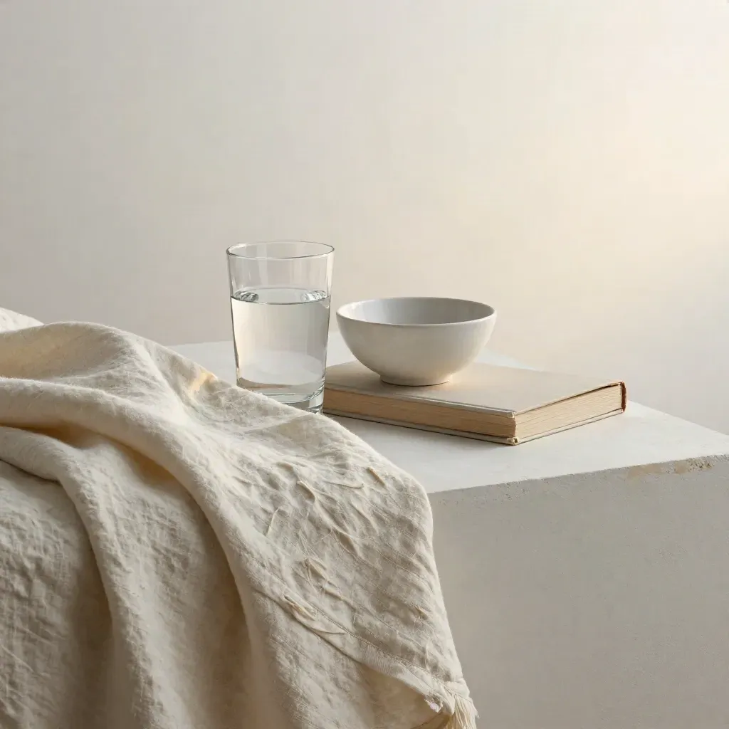 Coperta di lino, bicchiere d’acqua, ciotola e libro chiuso su fondo chiaro