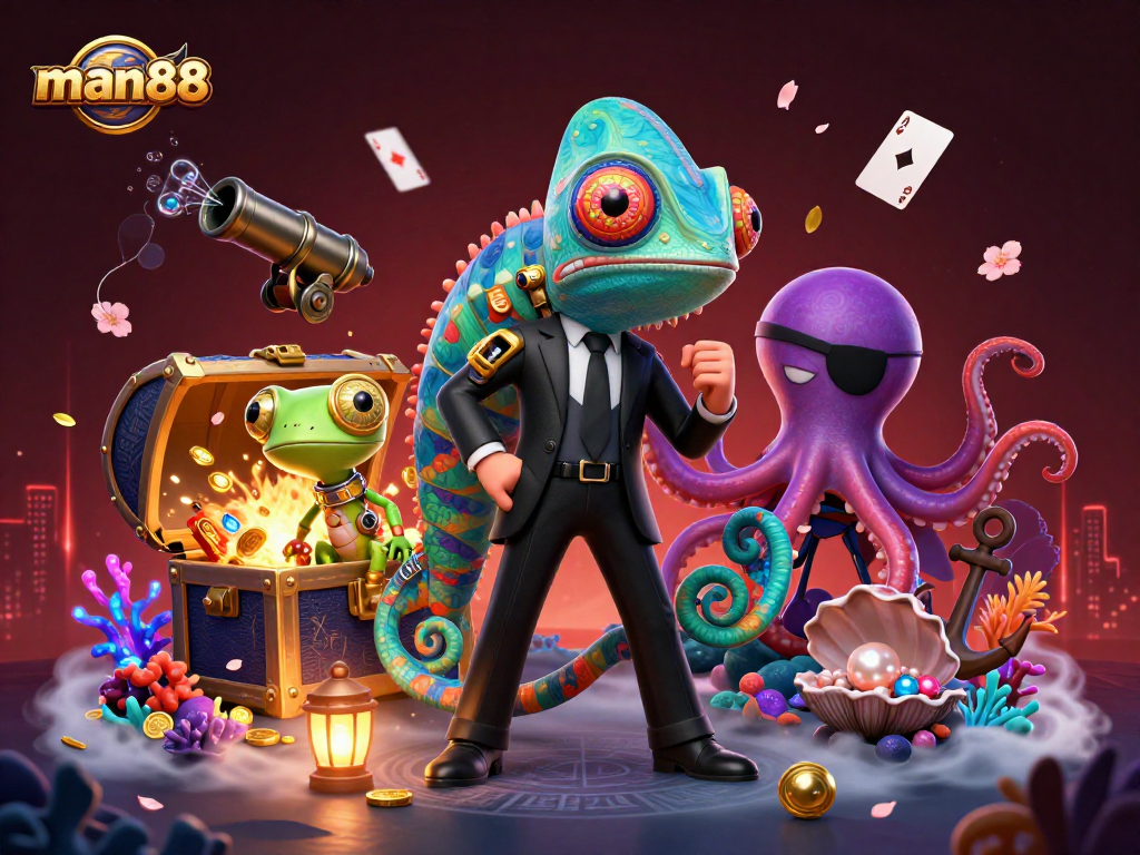 man88 features dynamic characters in a vibrant casino scene with treasure and gadgets