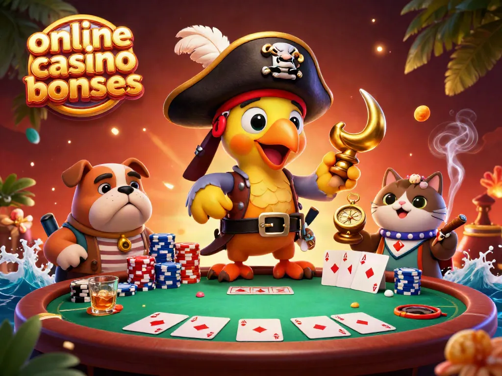 Explore exciting online casino bonuses with an animated pirate crew and poker elements in a vibrant scene.