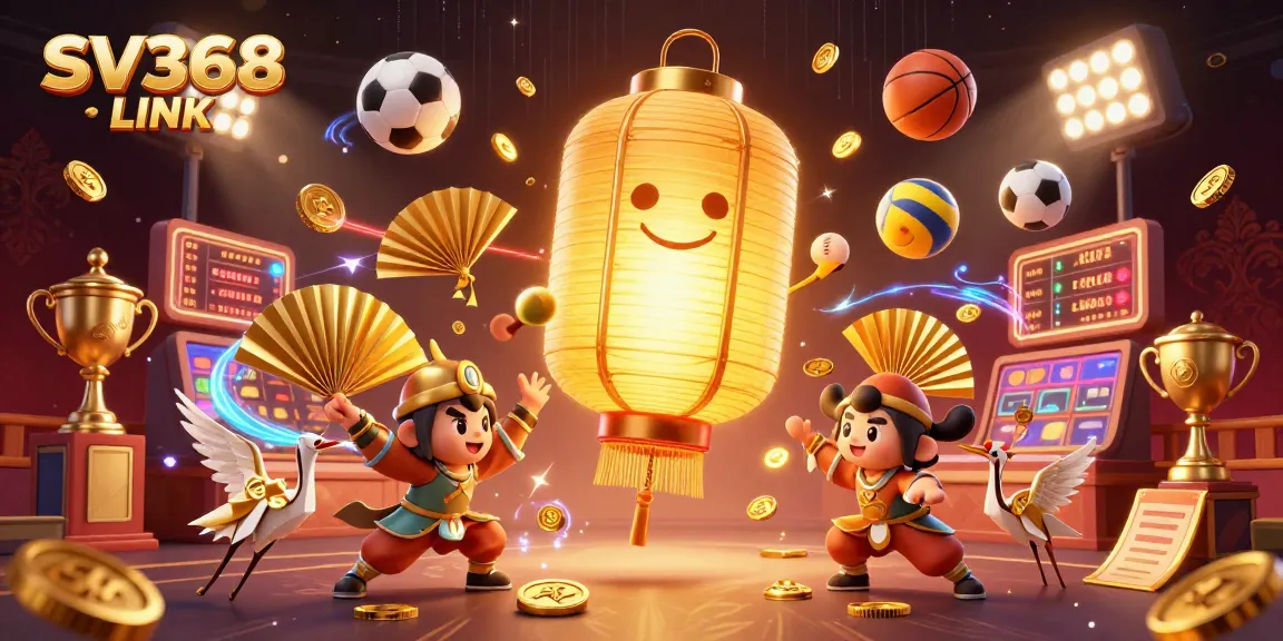Experience excitement with SV368 LINK's golden lantern spirit above a night market casino, celebrating vibrant gambling.