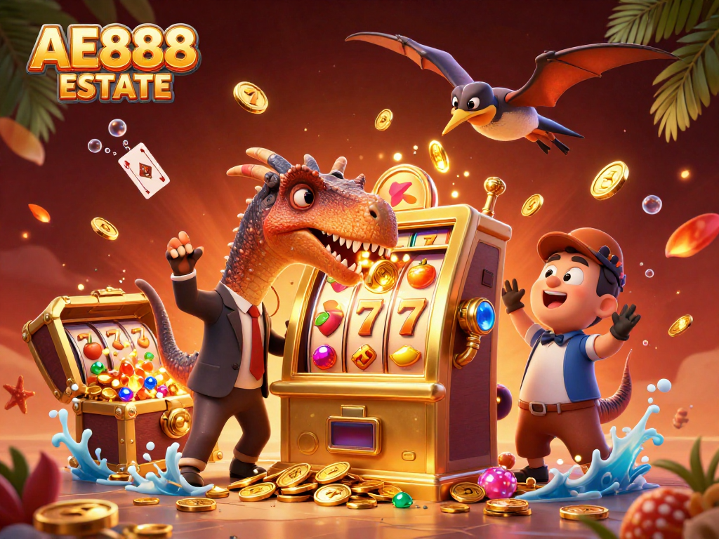 Win big at AE888 ESTATE as a cartoon pachycephalosaurus triggers a slot machine jackpot in a vibrant casino scene.