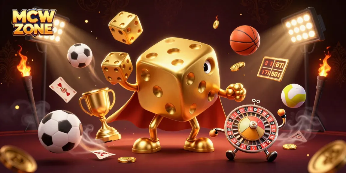 Engage with MCW ZONE through an exciting 3D illustration of a dice golem and sports elements.