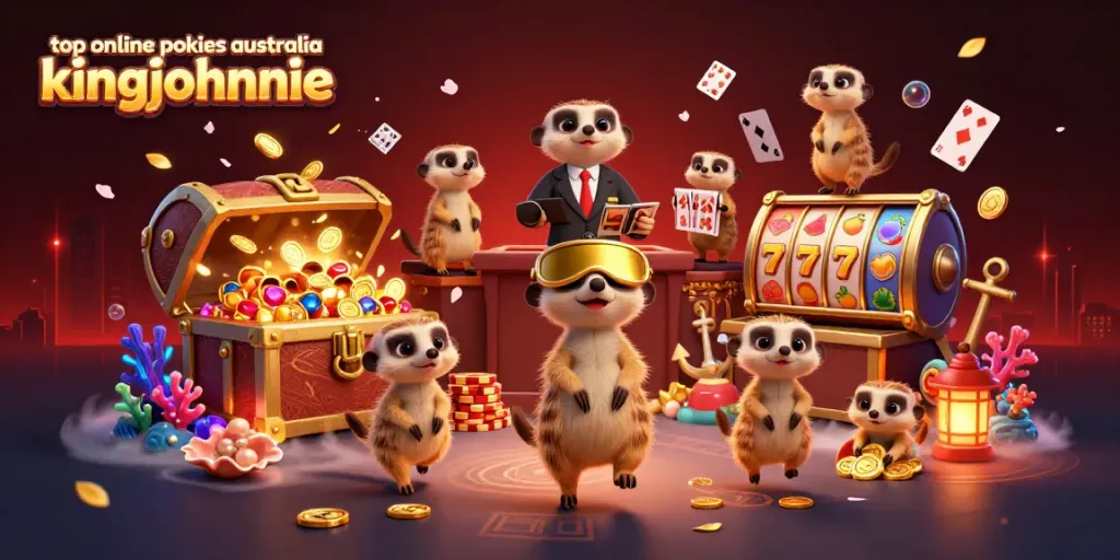 Experience thrilling gameplay with top online pokies Australia KingJohnnie featuring engaging 3D cartoon meerkats.