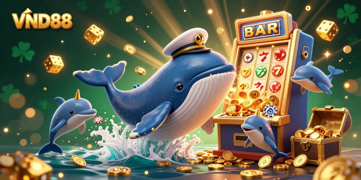Experience the thrill of VND88 while witnessing a hilarious whale and friends in a vibrant casino scene.