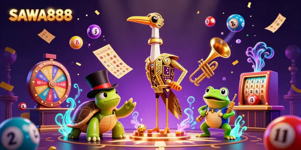 Experience excitement with SAWA888 as vibrant lottery balls and characters engage in an electrifying gaming scene.