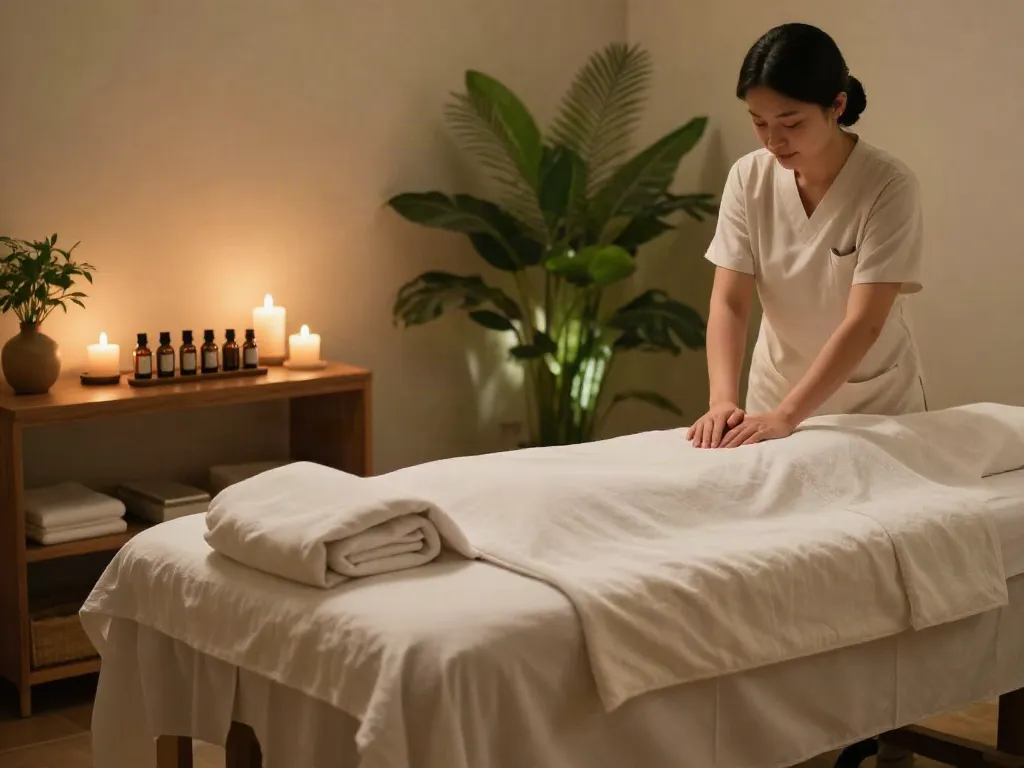 Relaxing massage therapy room for 용인출장마사지 treatment with calming decor.